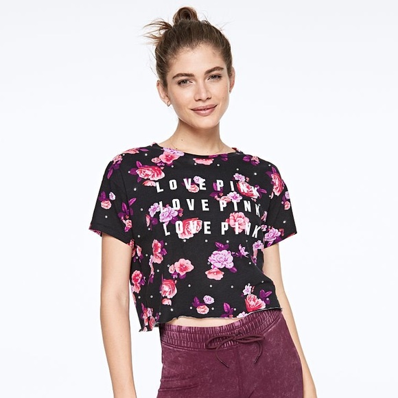 PINK Victoria's Secret Tops - VS PINK Black Floral Rhinestone Girlfriend Cropped Oversized Short Sleeve Tee
